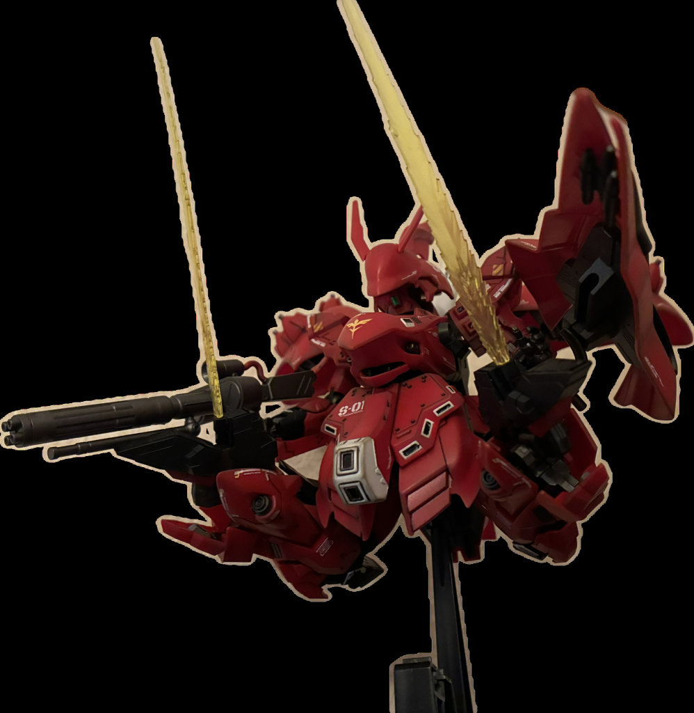 左手にはサザビーのシールド、右手はヤクトドーガのガトリングガンを装着しています。