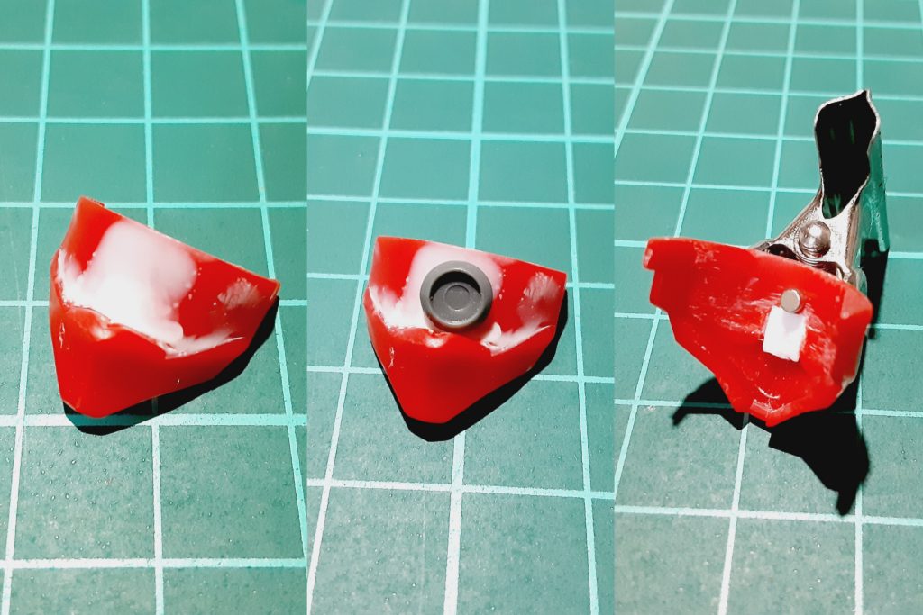 モノアイは元々一体成形なのでカットしプラ板で整形、円形パーツを基部にしマグネットシートを接着してネオジム磁石で動かせるようにしてます