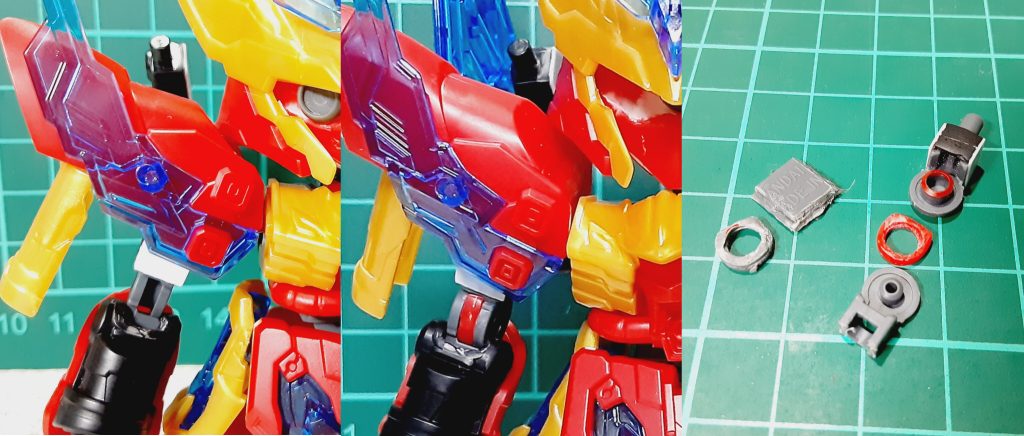 腕はボールデンアームズを使用。そのままだと細長いので一度切断し短く調整、二の腕にプラ板を貼り太くしました隙間が出来るのでランナータグを加工し埋めてます