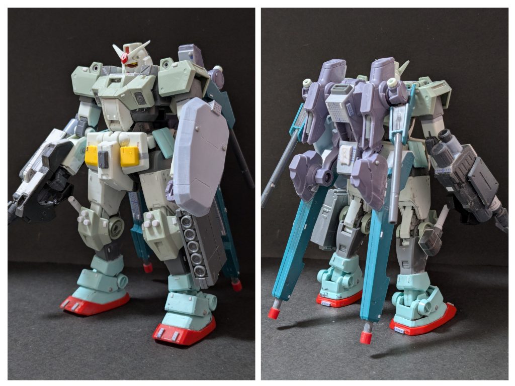 塗装前。基本はデミトレーナー、頭部と腕部がEGガンダム、サイドスカートと足首から下が素ジム、バックパックは既述のとおりルブリスとウル、シールドはボールの台座、ビームライフルはジャンクパーツの切り貼りです。年末にその年の余り物を用いた機体を作ることを一昨年とその前と続けてきましたが、昨年は作製数が少なく余り物が充実していなかったので、昨年末はいつもはやらないことをやるをテーマにこの機体を作ってみました(が、アナザーコン用のザウォルと並行してつくることになったので、完成が年明けにずれ込んでしまいました)。