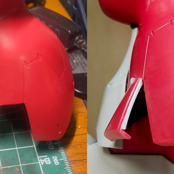 ヤクト・ドーガ制作状況腹部を延長してスタイルを良くした分ボリュームが無くなったので、胸を1ミリ前に迫り出すように調整袖口が資料と異なりハの字に広がる形状だったため、内側への流れるように刻んだり再接着したりあとは肩にボリュームが欲しい（3枚目）