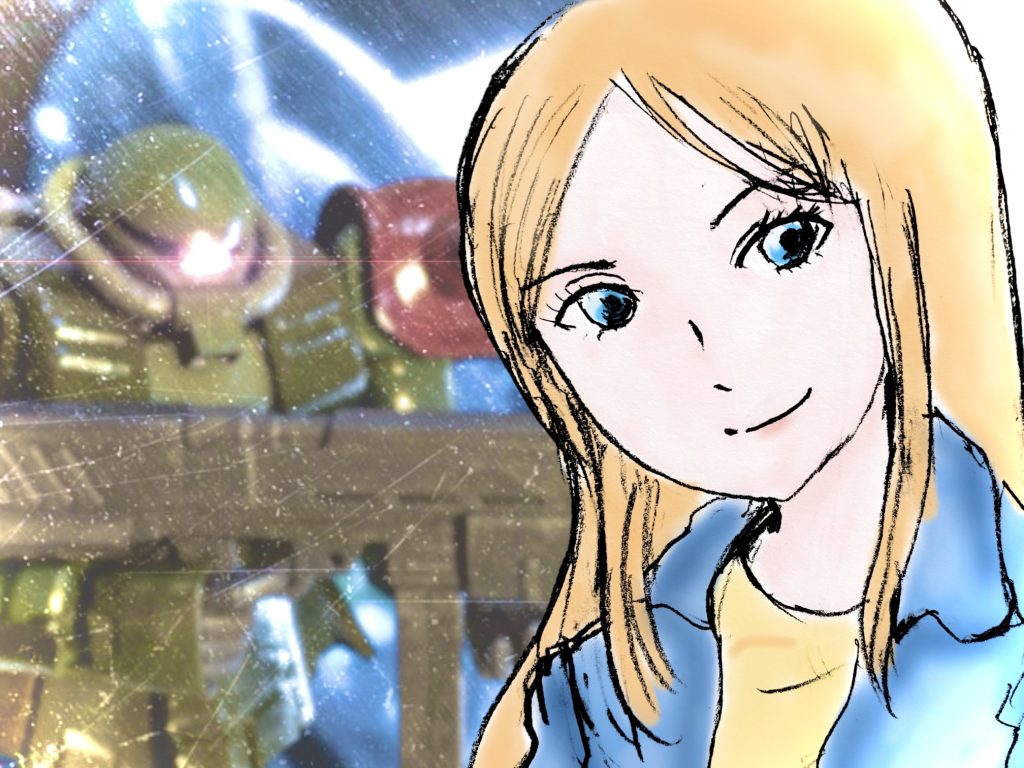 「……で、ジオンの捕虜？になっちゃって。民間人じゃないから、捕虜とは言わないのかな？まあいいや。食事がさ、すごい酷かった。」　グラナダの片隅にあるバーの、小さなステージの上では、ギターを抱えた亜麻色のロングストレートヘアーの女が、からからと笑いながら話している。「若い軍人のカップルにお世話になってさ。彼氏の方はパイロット。彼女の方は、天使みたいに可愛らしい衛生兵だった。２人とも、生きているといいけど。」　やがて、軽快にギターをかき鳴らすと、美しい声で歌い始める。「あれって……。」　ロックグラス同士をチンと合わせると、妻のキョウ・ミューラーが言う。「例の”マリア”だろう。お忍びのライブかな。」　ヘント・ミューラーは、応えながら、ジャパニーズ・シングルモルトに一口、口を付ける。ステージ上にいるのは、１年戦争当時から人気のある、反戦シンガーの