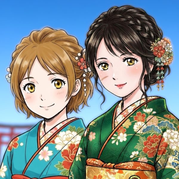 振袖描けないので、AIに描いてもらいました。チタは……七五三？(gundam-kao2)ミヤギは一発目の指示では時代劇風にされてしまいました笑最後の一枚。舞子はん風？ミヤギです笑（2枚目）