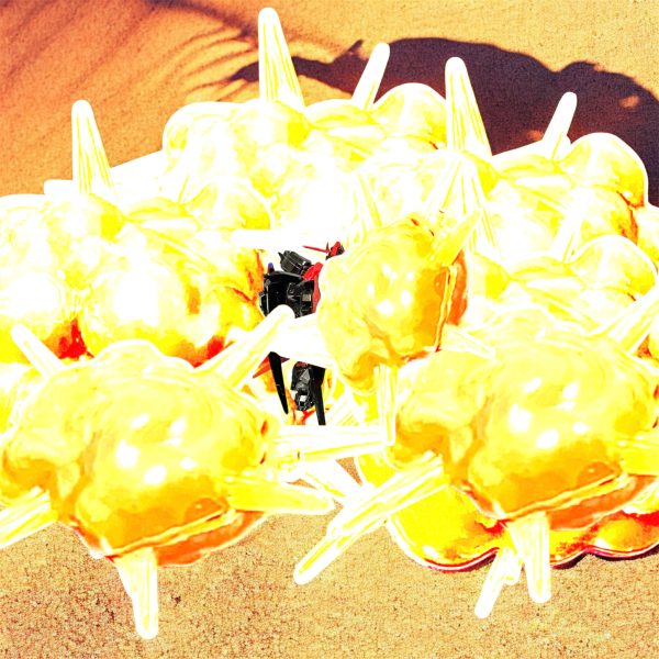 「こいつはひでぇー有様だ・・・各機、一斉射‼️出し惜しみするなぁ、撃てっ‼️」上空に現れたミグラントの二個小隊がミサイルを一斉射。たちまち爆発に飲まれる。「各機、もう一度だ。撃てっ！？な、なんだ？」さらに高い高度から黒い蝿が来る。サイズは並のMS以上。「ま、まさか・・・MA？」二の句を告げるもなくミグラントが地上に落ちていく。地上に降りた大きな蝿と共に・・・黒いバエルは消えた。いずこに？（4枚目）