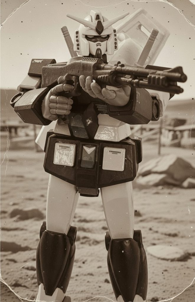 ガンボーイを写したガラス乾板。ガンボーイは「フリーダムファイター（自由の戦士）」として西部の住民に愛されており、いつしか自由の戦士の二つ名が転じて、「ガンダム」の名称で親しまれるようになった。