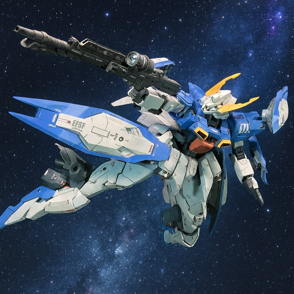 胸と肩、腕あたりには、ジャンクパーツを利用してガンダム要素を加えましたが、ヘルメット、各バインダー、下半身は、ほとんどレギンレイズジュリアのままです。全体的なシルエットとしてはほとんど変えていないつもりです。 長めのビームライフルは、Ζplusのものを芯にジャンクパーツで作りました。サイトレンズは、ハイキューパーツのジェムドームです。光の拾い方が奥行き感があっていいんですよね。※この写真は、AIで背景を宇宙空間にしたものです。