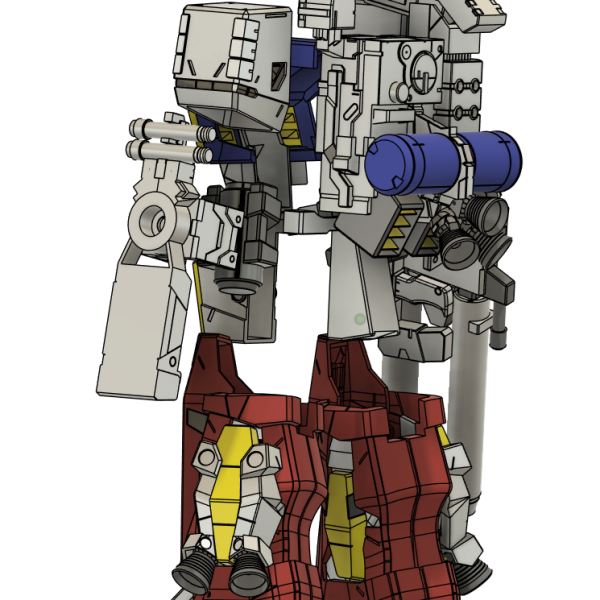 ほとんどのパーツの外観設計が完了したので、バランス確認のためパーツを並べて彩色しています。ここからMGガンダムに被せるための調整を行います。コックピットカバーはGFFでは白と黄色ですが、CharacterModelのPG作例用に再調整された際に赤が加えられています。白/赤どちらにするかはまだ未定ですが、赤が入った方がバランスよく見えます。作例ではバックパックオプションのプロペラントタンク＋バーニアユニットは作成されていませんでしたが、それも作ります。基本的には作例に従って設計していますが、GFF画稿のコメントに従っている箇所もあります。GFFのパーフェクトガンダムは#0002と#0037と２回発売されており、結構デザインに差がありますが、#0002の方向で作っています。（3枚目）