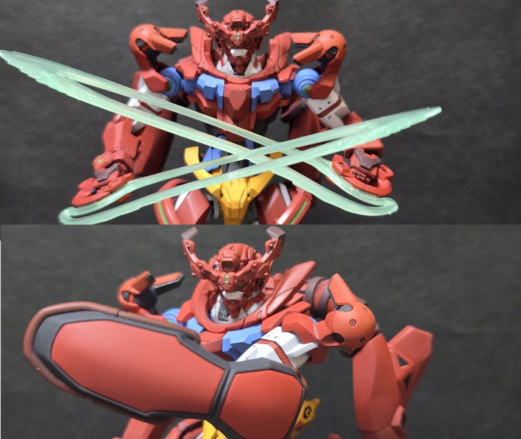 武装２「ゲッタービームサーベル」と「ゲッターシールド」。（サーベルは無塗装、シールドは色を変更しただけ）&nbsp;