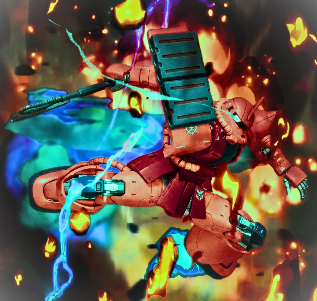 『重力下、燃えるジャブローの悪夢』ジャブローの熱気と湿り気、そして、地底基地特有の閉塞感の中で、シャアザクが「赤い悪夢」として縦横無尽に駆け巡る。連邦軍の心臓部、南米ジャブロー。地表のジャングルを焼き払い、赤い彗星は地下巨大ドックへと強襲を仕掛ける。&nbsp;* 静寂を切り裂く電光：敵の防衛網である高圧電流柵を強行突破し、爆炎の中から突如として現れた深紅の機体に、連邦の守備隊はパニックに陥る。「一機だ……、たった一機のザクにドックが焼かれていくぞ！」という叫びが無線を飛び交う中、シャアは冷静に、かつ無慈悲に拠点を焼き払う。火の粉が舞い散るドックで、モノアイだけが冷酷に次の標的を捉えている。