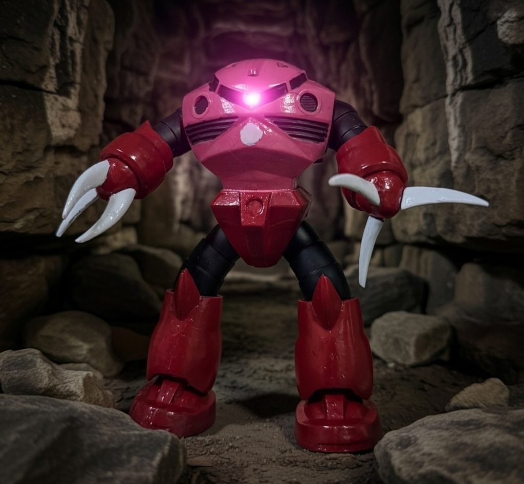 おまけに以前紹介した叔父のシャアズゴ。洞窟にしてジャブローをイメージ。当時は下手なりに頑張って組み立てたんだなぁとしみじみ思う小生であった(gundam-kao8)