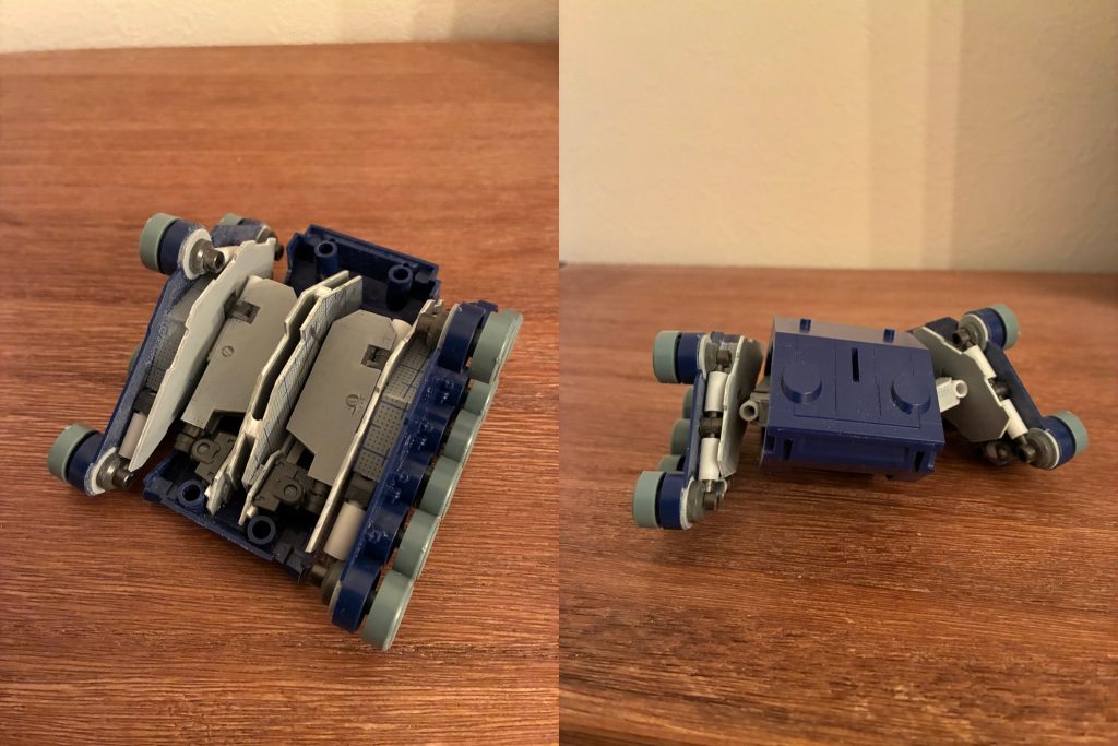 履帯ユニットの接続構造。静止状態で姿勢が保持できるよう、後に車体側にアームのストッパーを設置しました。