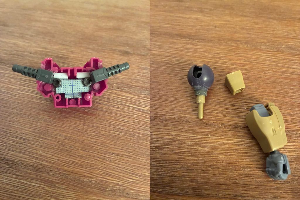 肩バインダーを装備するために、リゲルグから肩関節と肩球体を移植。マリーネでは固定軸だったので、可動範囲が向上するメリットもあります。さらにマリーネの上腕軸を肩球体に移植し、肩と上腕・前腕を繋げました。