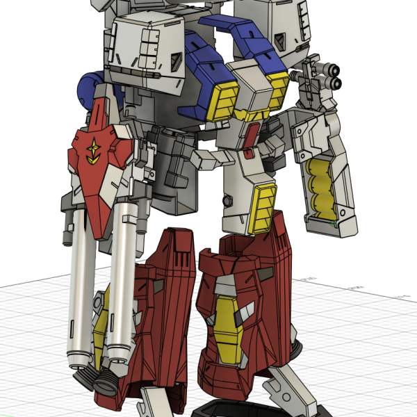 ほとんどのパーツの外観設計が完了したので、バランス確認のためパーツを並べて彩色しています。ここからMGガンダムに被せるための調整を行います。コックピットカバーはGFFでは白と黄色ですが、CharacterModelのPG作例用に再調整された際に赤が加えられています。白/赤どちらにするかはまだ未定ですが、赤が入った方がバランスよく見えます。作例ではバックパックオプションのプロペラントタンク＋バーニアユニットは作成されていませんでしたが、それも作ります。基本的には作例に従って設計していますが、GFF画稿のコメントに従っている箇所もあります。GFFのパーフェクトガンダムは#0002と#0037と２回発売されており、結構デザインに差がありますが、#0002の方向で作っています。（2枚目）