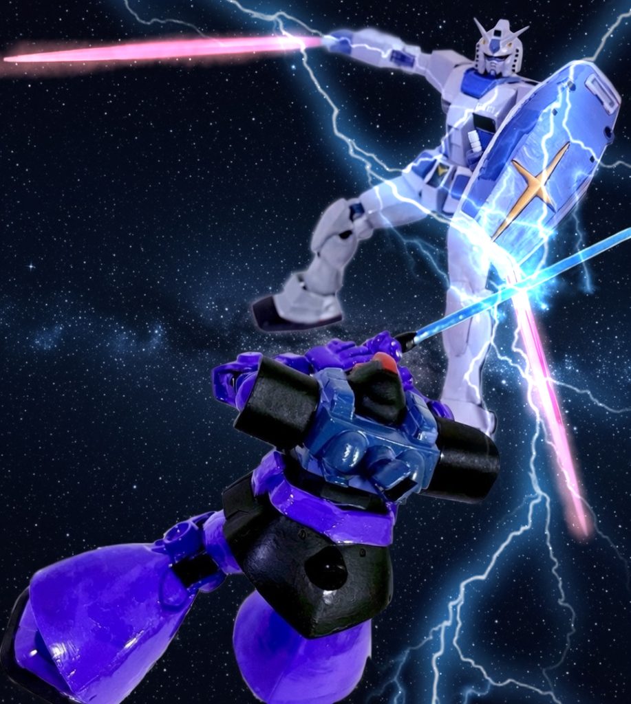 ジェシカ：一連の映像を改めて確認すると、本当に鮮やかな動きですね(gundam-kao3)ユージ：僕がビームサーベルでチャンバラしながら、タカは後ろからビームライフルで淡々と残りのムサイとリック・ドムを狙撃する。予定通りのフォーメーションでした。タカ：奴らに「本物のMAV」ってのを教えてやりました。