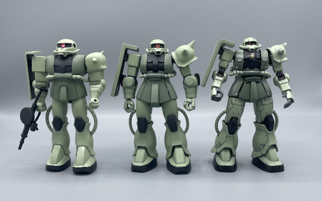 ザクいろいろ　1/144のザクも色々出ていますが、どれも甲乙つけがたいですねぇ🤤左から旧キット、旧HGUC、オリジン版です。　皆さんはどのザクがお好きですか？？ リバイブ版HGUCやFGなど、他にもザクキットはありますが、みなさんのお気に入りのザクキットはありますか？良ければコメントで教えて下さいね。　最後までご覧いただき、ありがとうございました(≧▽≦)✨