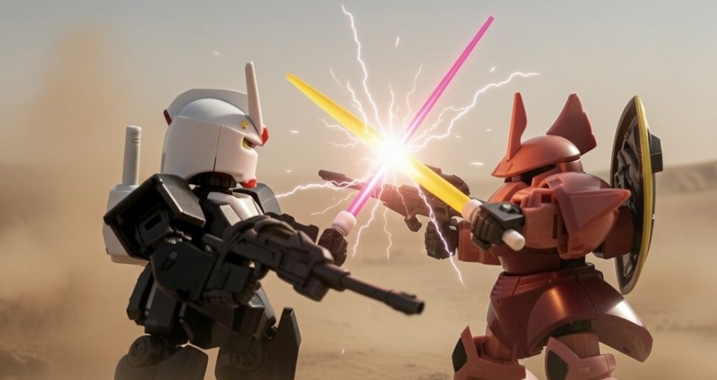 ガンダムと対決。なお俺設定の「あぶないガンダム」でもテキサスコロニーにて、タカのヘビーガンダムとシャアのゲルググが1対1で対決(その裏でユージのG3とマ・クべのギャンが戦っている)。ヘビーガンダムがモビリティジョイントで出てないので、プロトタイプガンダムで埋め合わせ💦