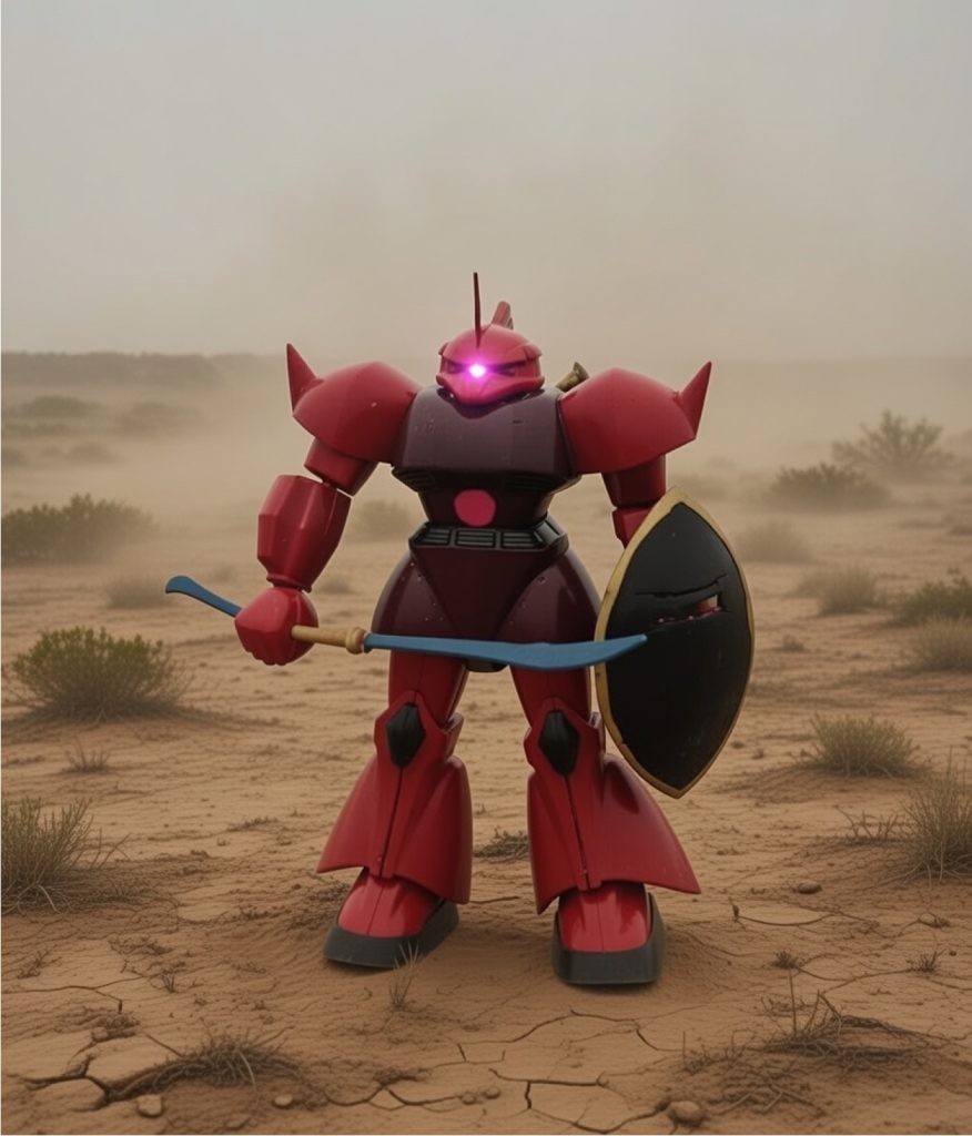 シャア専用ゲルググはテキサスコロニーをイメージしたものでビームナギナタはTV版準拠の色合いにしてある。膝がちゃんとはめられてないなぁ・・・💦&nbsp;