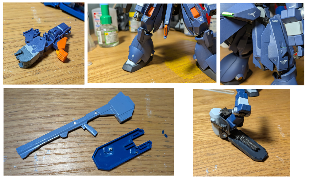 ・TR-6用拡張パーツでは膝関節が間延びして見えたのでパテで造形・折りたたんだ元のウーンドウォート脚が可動の邪魔をするので5mmカット・クレイバズーカを設定画形状に合わせ、武器・盾側に磁石埋め込みマウント出来るように・盾裏をプラ板で埋め