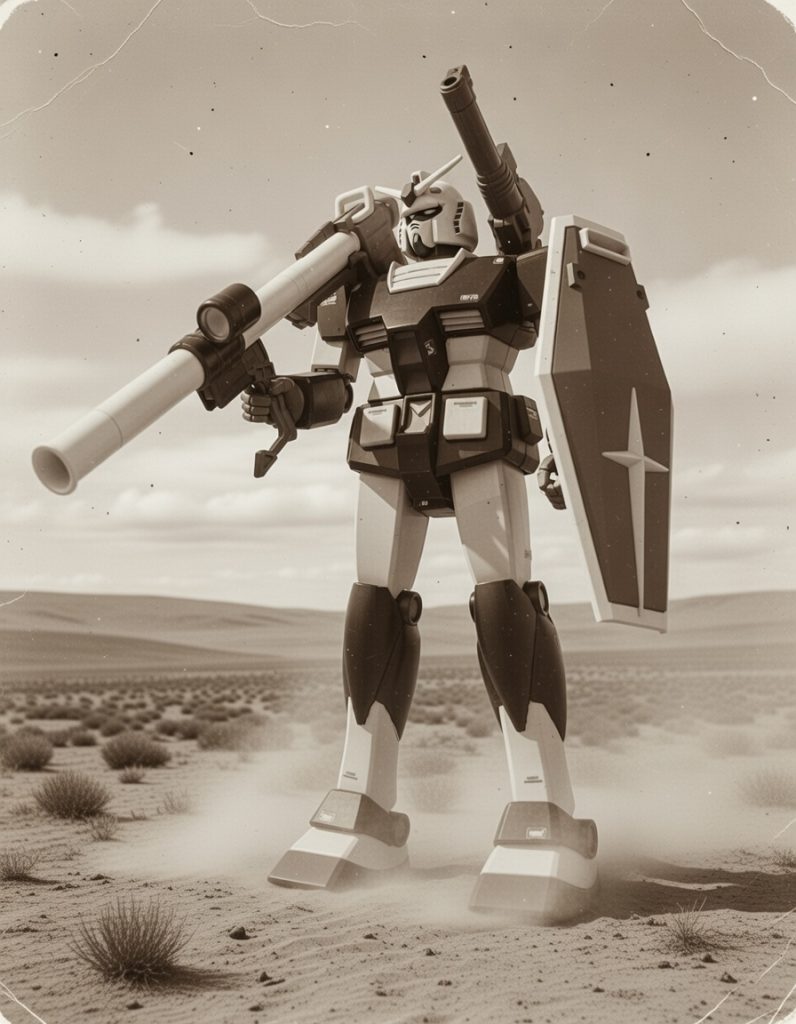 地元の領主が撮影したガンボーイの雄姿。戦況に応じて武器を変える事が可能で、ムーンレィスの一団を単騎で撃退した事がある。装甲にナノマシンが使用されているのではないかという説があるが真偽のほどは不明。