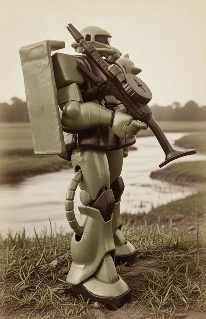 マシンガンを反対に構えるポーズは19世紀に実在した兵士の構図をオマージュしたものである。