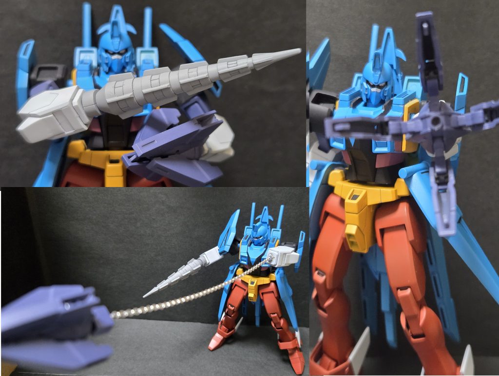 【武装紹介2】・ゲッタードリル(前腕部から生えます)・ゲッターアーム(前腕部から生えます)・アームを開けば中心部からライガーミサイル・チェーンアタック(腕とアームを100均のチェーンで繋げて再現)