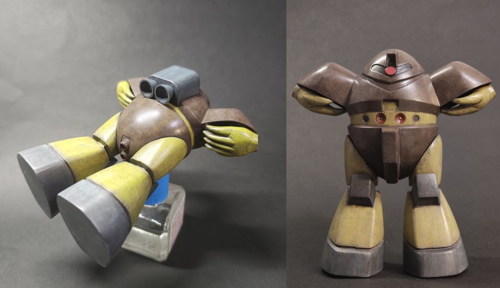 という訳で潜水巡航状態。塗った後になって、この状態にしたいと思って、余計時間をかけてしまった。旧キットでこんな事やってる人見つけられなかったので、手の平で蓋をする仕組みの仮設の腕のアイデア、作成の試行錯誤が続き、夢にまで出てくる事に。結局、アルミ線という着地。思ったよりビシっと蓋できた。