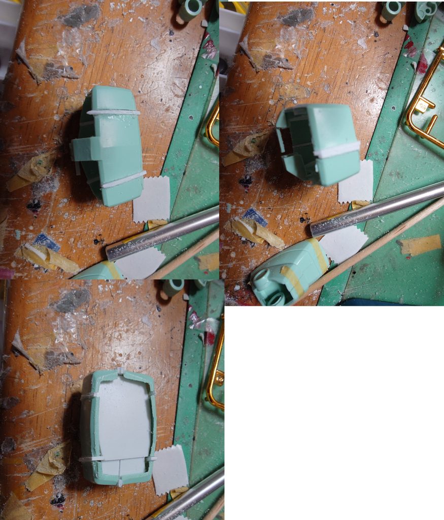 腰の改造横を１ミリ延長前後を２ミリ延長胴との接続部分をプラ板で蓋をしてますその蓋に足とアルミ線接続のための穴を開けて胴との接続のため３ミリ穴を開けてます（写真無し）