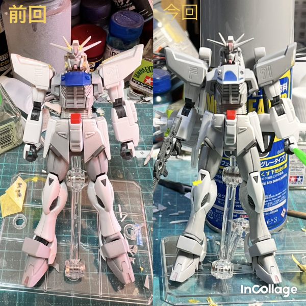 制作中のHGF91の進捗状況です！前回投稿時から主にスタイルを弄りました。・フェイスの削り込みで小顔化・肩と胸アーマーの延長でマッチョ化・足首延長で腰高に前のスタイルのままだとSEED放送時のHGの様な懐かしいズングリめだったので、近代改修しました😅これで脳内のF91像にぐっと近付いた気がします。小キズを埋めれば塗装を残すのみ！ご覧いただきありがとうございました🙇‍♂️（2枚目）