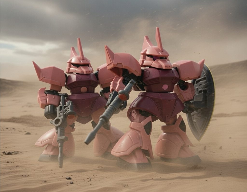 モビルスーツアンサンブルのゲルググとツーショット。シャアのピンチを救うパラレルワールドのシャアという感じで。GQの「向こう側の世界」では散々な扱いだったシャアゲルもこれで報われるだろうか?あ、それから言っとくけど作画ミスじゃないよ(笑)。