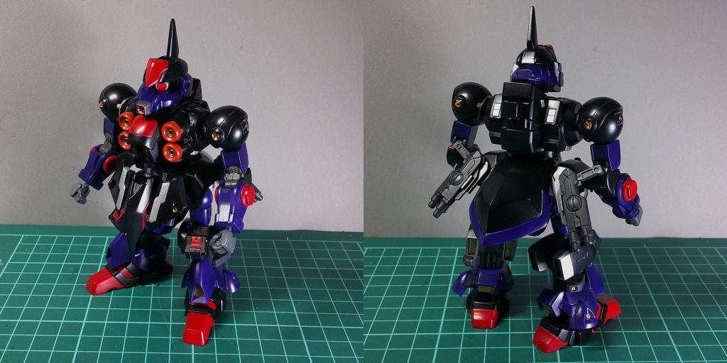 素体状態です。バインダーを赤くしてラフレシアっぽくしようというのは早めに思いついたのですが、取付位置を背中側にして、展開できるようにしたらなんかマスターガンダムっぽくも見えたので、塗装はマスターガンダムを参考にしました。肩にはHGの引き出しポリ関節を埋め込んで、モモカプルの型とディランザの腕を接続。腹部は楕円に切り出して積層したプラ板パーツを挟んでボールジョイントで接続。足は元パーツを切り刻んで、モンキーロディの股関節+腕フレームに装着してます。可動域はHGに近くなってると思います。