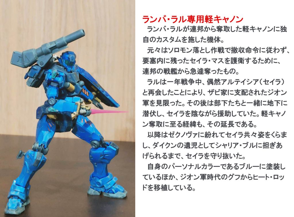 ビーム・サーベルの脇構えっぽいポーズと設定。さすがに連邦に寝返るランバ・ラルではないでしょうってことで、こんな感じにしました。整合性取れてると思っていただければ幸いです。