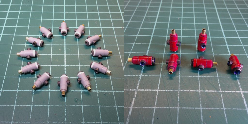 リアスカートとバインダーに装着しているファンネルは、プラパイプ、MSGバーニア、真鍮パイプなどを使った自作です。12個も同じ作業をするのはめんどかったですが、ファンネルは数があってこそだと思って頑張りました。HGクシャトリヤはこの倍あるんですよね・・・。横に出っ張ってる部分は本体に接続する用の軸ですが、ファンネル自体の姿勢制御用のバーニアのイメージで、中心に穴空け+面取りを施しています。