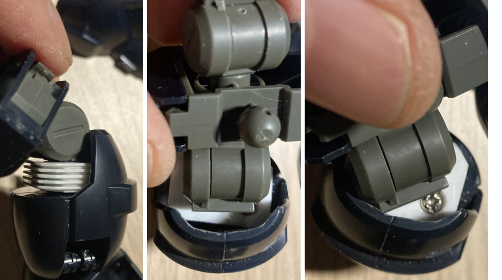 股関節の部品を挿したところ。左の写真は後ろからのアングル。股関節が5mm長くなっています。真ん中と右の写真は上からのアングル。上の部分をカットしているので、真ん中の写真では股関節の部品と太ももの部品の間に隙間が開いていますが、カットしていないと太ももを回転させるたときに干渉が生じてしまいます（右写真）。塗装のときに外せるようにビス止めをしています。ミニ四駆のビスです。