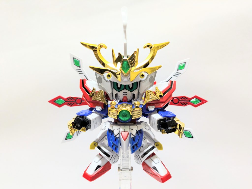 【超武闘の陣】スーパーモード。炎水の玉を本来のクリアパーツに差し替え、翼部分を裏返してモチーフ方式に可動、展開。兜鎧の角（鳳来鶴）の機能はモチーフには無いので迷いましたが残しました。各翼の先端のダイヤ型のクリアパーツも贅沢にすべて立体パーツに置き換えています。