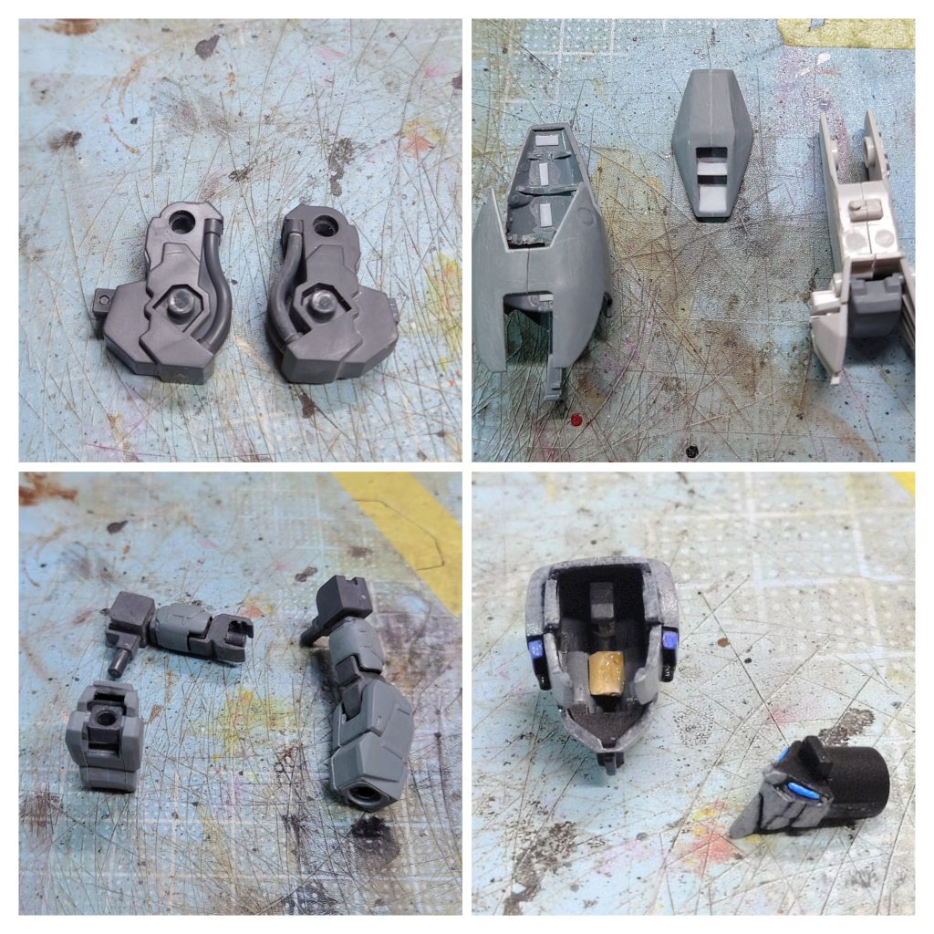 ここからは製作記です。工作ひざ関節は合わせ目消しに伴いパイプを一旦切り離し合わせ目消し後に薄皮を削りノコの厚み分プラ板を足して再接着。(ここは労力に見合いません)腕部は肩ブロック↔上腕間でランナータグを噛ませ延長、ひじ関節↔前腕間はPCをひっくり返し延長。ひじ間接のU字の切り欠きに半月状に加工したランナーを貼りコの字型に加工し隙間を埋めています。すね部はテスト機のカラーリングを再現しやすい分割になってますが、単色では違和感を感じるので分割線を埋めています。合わせ目消しに伴い分割を変更、ノコの厚み分はプラ板で補充。すね外装とすねフレームは干渉する所を削り、フレームを外装の下から差し込めるように。外装とフレームに遊びが出来ますが他のパーツを組み込むとしっかり固定されます。段落ちモールドは削って出たプラ材とプラ板で埋め最後にラッカーパテで整えます。頭部はマスク部の引っかかりを削り取り下から入れられるようにし、ガタつかないようにランナーでストッパーを設けています。