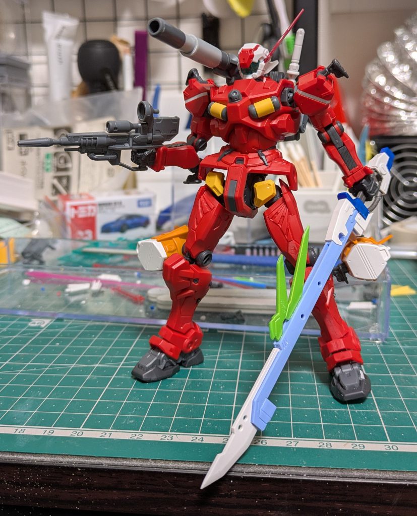 ストライカーパックのガンバレルはそのまま　赤いガンダムの部品で接続シュベルトゲベールはグリップ短縮して片手持ちにして削ったり穴開けたりして少し形をかえました