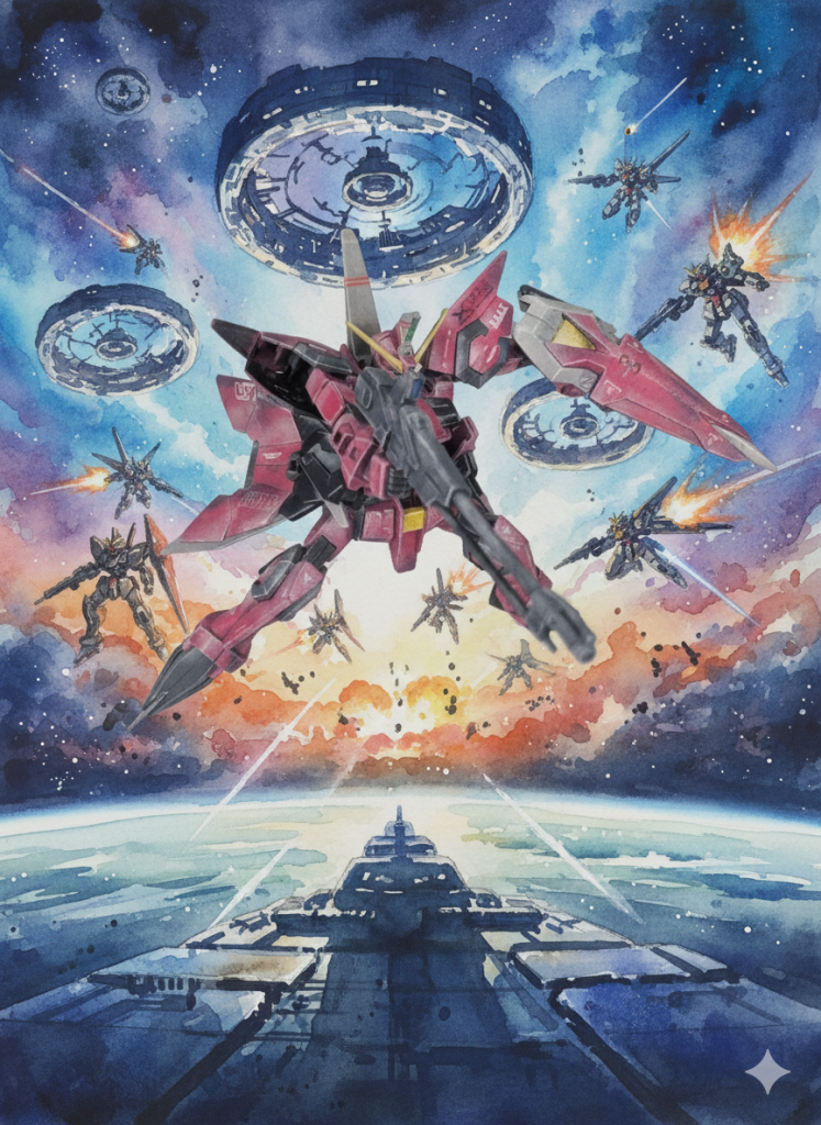 AIに「背景をガンダムSEEDのイメージにして」とお願いしたら、こんな風にもうメチャクチャです😱