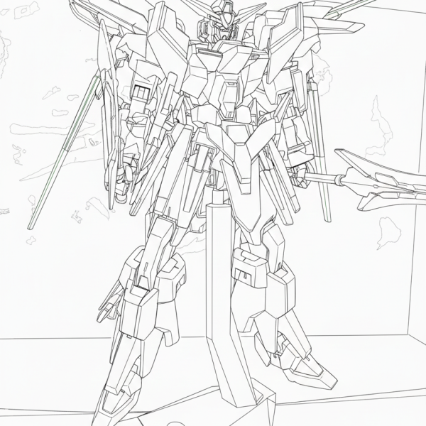 前回の設定では闇落ちしたガンプラと言っていたガンプラのほぼ完成品です写真よりなんか線画のほうが写りが良く感じたので線画にしてはいます一応写真も張っときますw（2枚目）