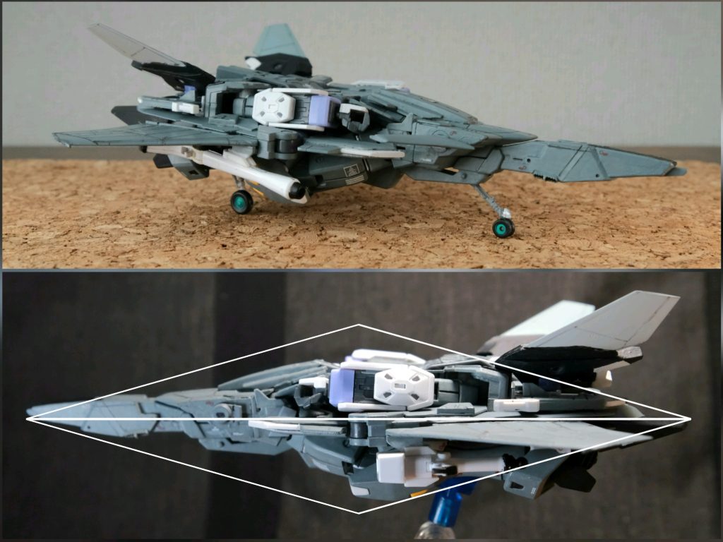 最後に側面ですが、まずノーズと足甲パーツ爪先の高さで同じになるように拘りました。こうする事でマクロスでいえばVF-1のような平行四辺形のパースでなくVF-31のような逆三角のパースに寄せようとしています。ガンダムでいうとデルタプラスに近いです。また、機体の一番厚みがある中心はなんとかMS胴体の厚みよりはみ出ないようにしています。以上、いつもの長文で申し訳ないです。最後までお付き合いくださり、感謝です。ありがとうございました!