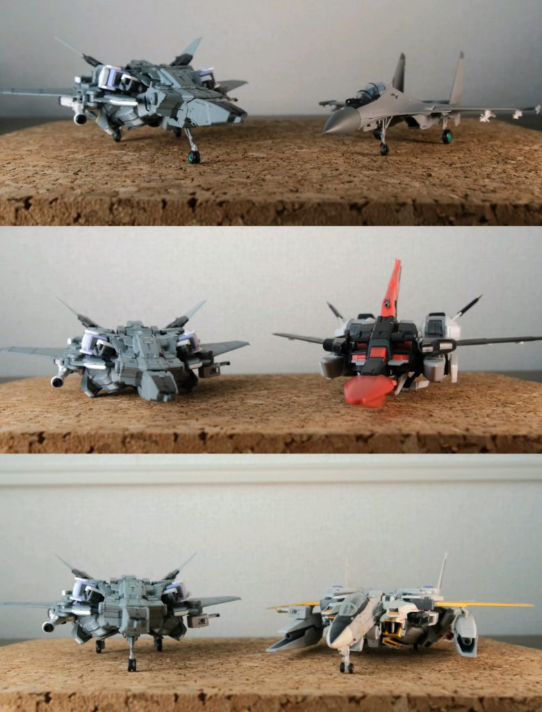 一方で厚みは前作と同様となりバルキリーには全く及びませんでした。それでもHGムラサメ改より若干薄くできたので、及第点とさせて頂きたく。。。しかしバルキリー、この半分の厚みで、なおかつVF-31JのスケールはF14(19m)級、VF-1(14.3m)はF16よりコンパクトサイズというので、どんだけちっちゃいんだと。。。