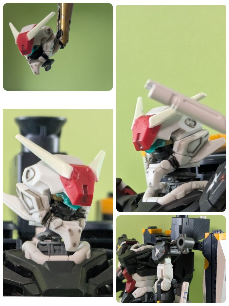 頭部のバイザーは破壊され、下半分のカメラアイは爆発の影響で失明している。修理しない理由は昨今の連邦の懐事情ではない。最新武器トライアル機体である上、ジオンに敗北した復讐するための意味合いを兼ねている。頭部は軽キャノンを使用。首パーツの上半分を01ガンダム接続用に加工。下半分はビームサーベルマウントに使用した。