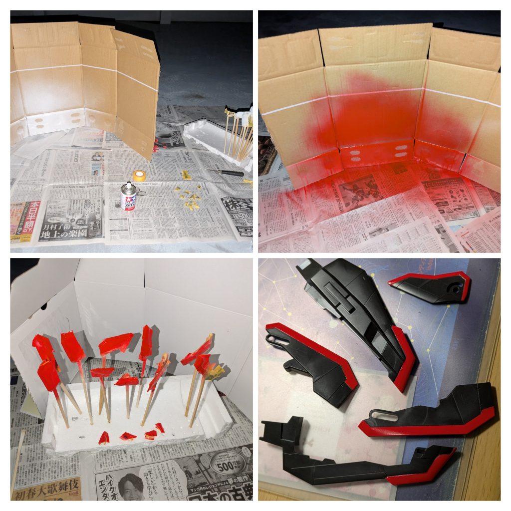 忙しいので素組み自体は３ヶ月くらいでじっくり終わらせたのですが、なかなか塗装をする勇気と準備ができず結局、新年が迫る焦りを感じて年末にやりましたww（空白の9ヶ月…w）いざ塗装をやってみると案外楽しく簡単にできました！！こんなことなら早くやれば良かったぁ。肩や脚の黄色の部分塗装にはガンダムマーカーを使用しました！難しかった〜w塗装には以下のマーカーとタミヤの缶スプレーを使いました。・GM08 ガンダムイエロー🟡・TS-101 ベースホワイト⚪️・TS-49 &nbsp; ブライトレッド🔴まずは塗りたい所以外をマステで隠して、下地を塗って、そこからメインの色を塗っていく…。やり方あってますかね？