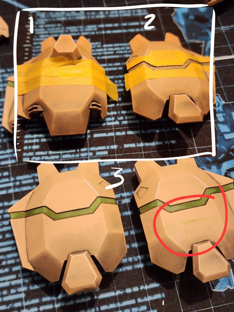 改善点。 このマスキングの工程、本当に楽しかった。もしかしたらやりすぎたかもしれない。マスキングテープをはがしすぎて、反対側に塗料が付いてしまった。落ち着かないと。Area of improvement.I really enjoyed this masking step. Possibly too much. I over shot the masking tape and got paint on the other surface. I need to calm down.