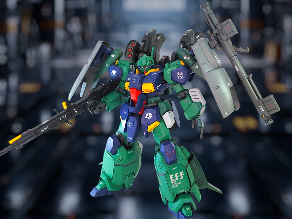 カラーリングでイメージが変わるのはいつものことですが、00型のヘッドはジェガンにより近くなったので、緑もあまり違和感ありませんねアクセントになればと、濃淡2色の緑を配置しました