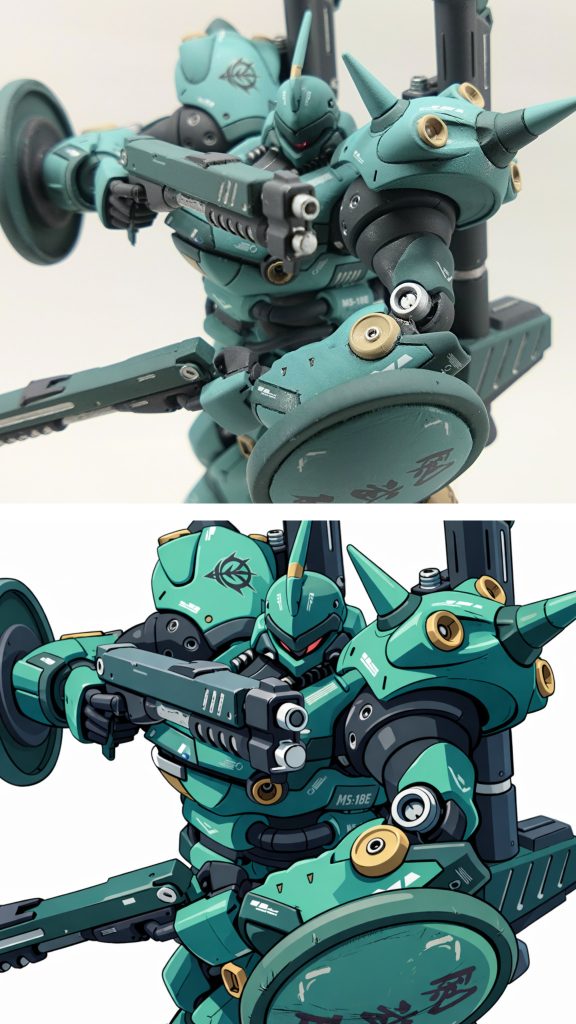 作品名：最近の作品をアニメ風イラストに<p>AI君がいい仕事してくれます。 細かい傷や塗装ミスまで再現してくれる(zaku-kao4) ケンプファーの目が2つになってるけど⋯</p>
