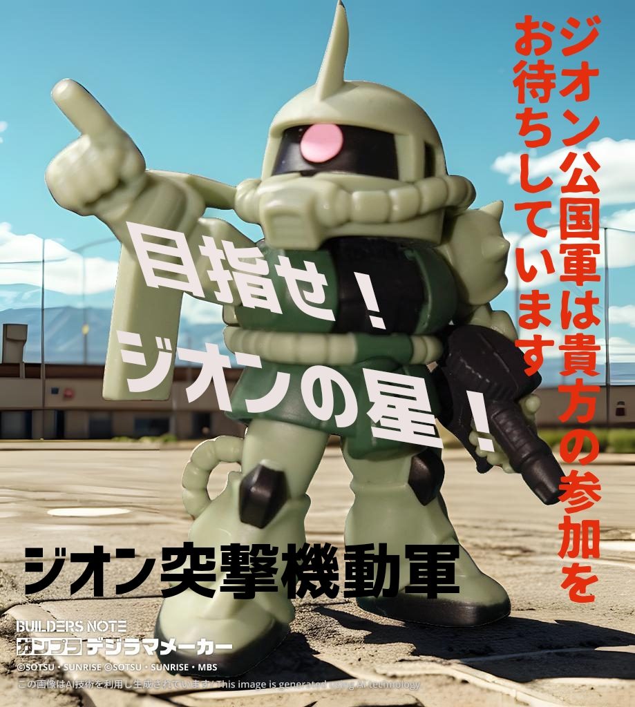 作品名：ジオン公国軍　募兵ポスター<p>　ならぶんですザク　を入手 　指揮官機2機とバズーカザク1機…指揮官多すぎ問題 　指揮官機A「あっちを狙え！」 　指揮官機B「そっちを狙え！」 　一般兵ザク「どっちでもいいですけど、指揮官殿たちもマシンガン撃ちましょうや [&hellip;]</p>

