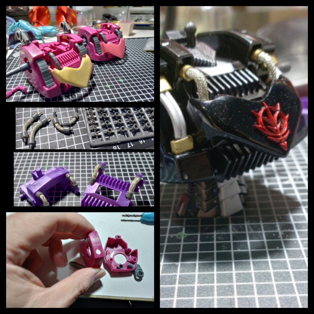 動力パイプは、タミヤのメッシュホース(バイク等の改造用)とコトブキヤの丸モールド、電気の配線を使いました。胸部装甲はパテを盛って成形し、ジオンエンブレムはビルダーズの物を使用。クシャトリヤのコンテナを接続する穴は、ポリキャップを埋め込んでつくりました。