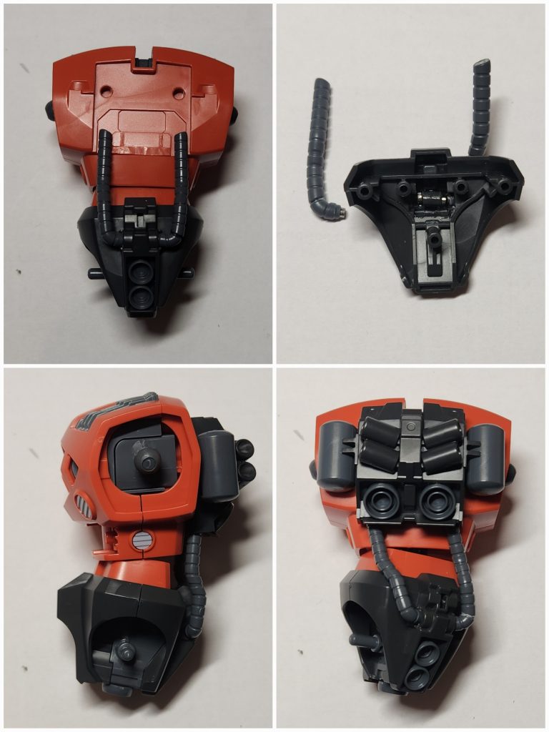 ​腰部可動の改善本来、腰はボールジョイントで動く構造ですが、背面の「n型」パイプを取り付けると完全にロックされてしまいます。なぜこの設計にしたのか謎です（笑）。そこでパイプの上部をカットし、接続部に磁石を仕込みました。これで腰の回転が可能になり、ポージングの幅がグッと広がりました！