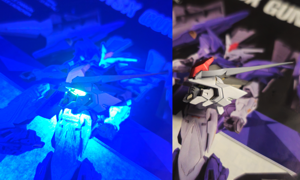 アイパーツをつけなくともディティールがしっかりしていたので、今回試しにセリアのルアー用ホログラムシート(波柄)を貼付け蛍光イエローで塗装してみました。塗装しなくとも反射が綺麗ですので、機体によっては塗装なしでもありかな…？シートが光を拾うので尋常じゃないくらい光ります。LEDで光らせてるのかってくらい光ります。