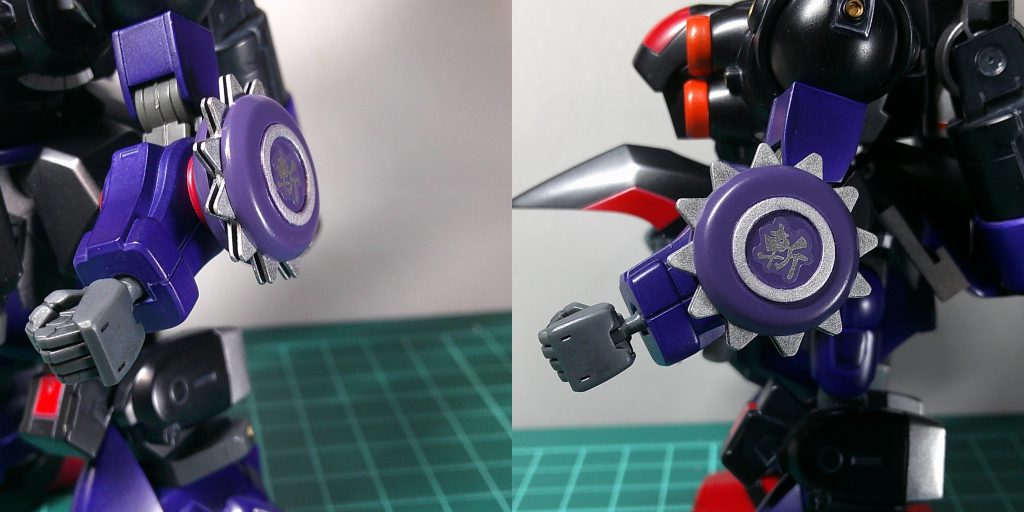 ラフレシアっぽいのでこれも作ってみました。シールドではなく、ラウンドソーファンネル、つまりはバグです。腕にはネオジム磁石でくっついています。武装がビームに偏りがちな環境にはよく刺さる、実弾系遠隔操作兵器となっております。